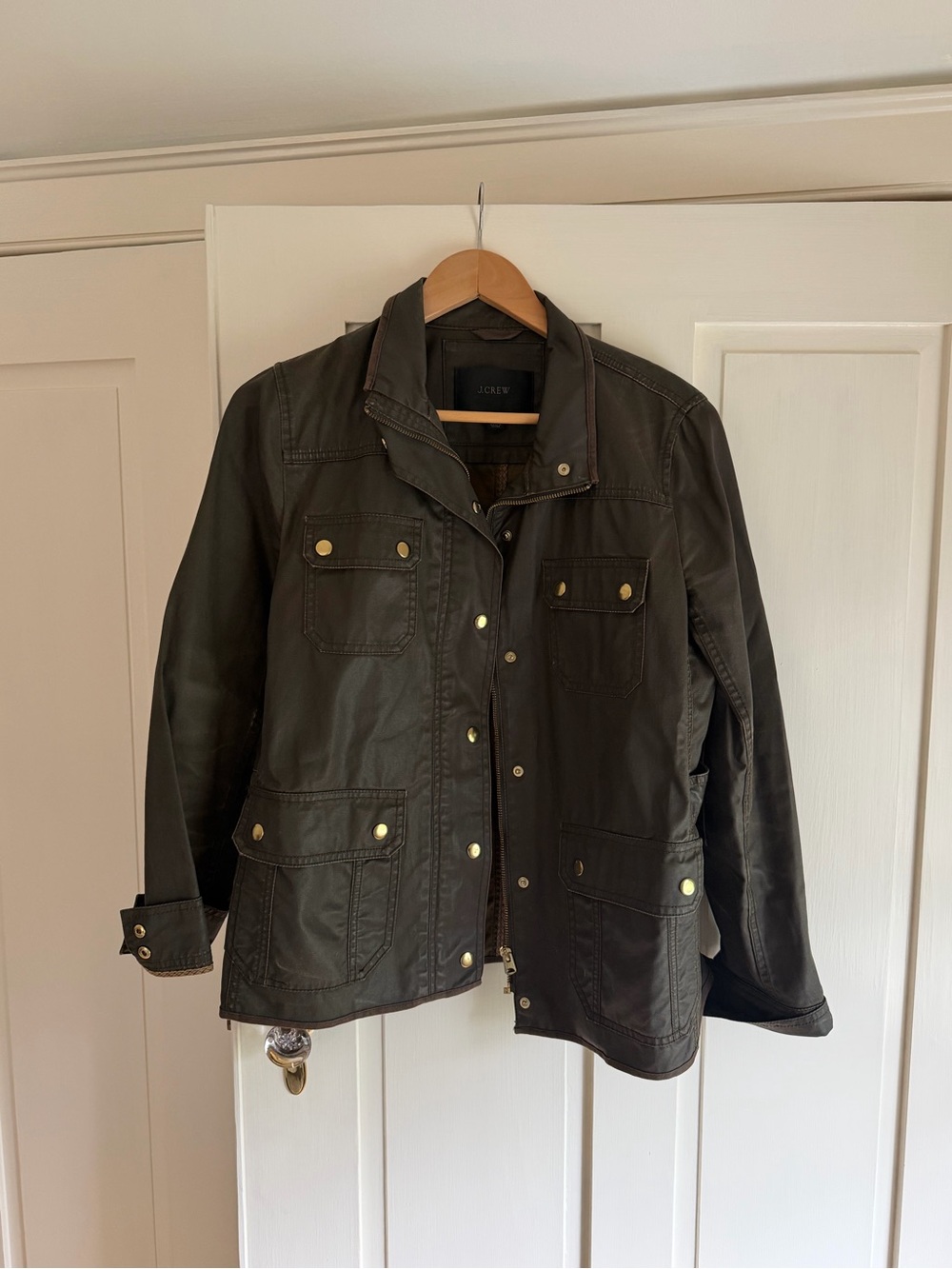 J. Crew Dark Olive Utility Jacket with Gold Hardware & Wax feel